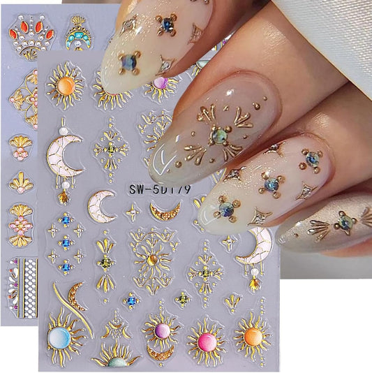 Bohemian Nail Stickers Gold Star Sun Moon Nail Designs Starfish Nail Decals 5D Embossed Gem Lace Lines3D Self-Adhesive Summer Nail Art Decoration for Women DIY Manicure 2 Sheets