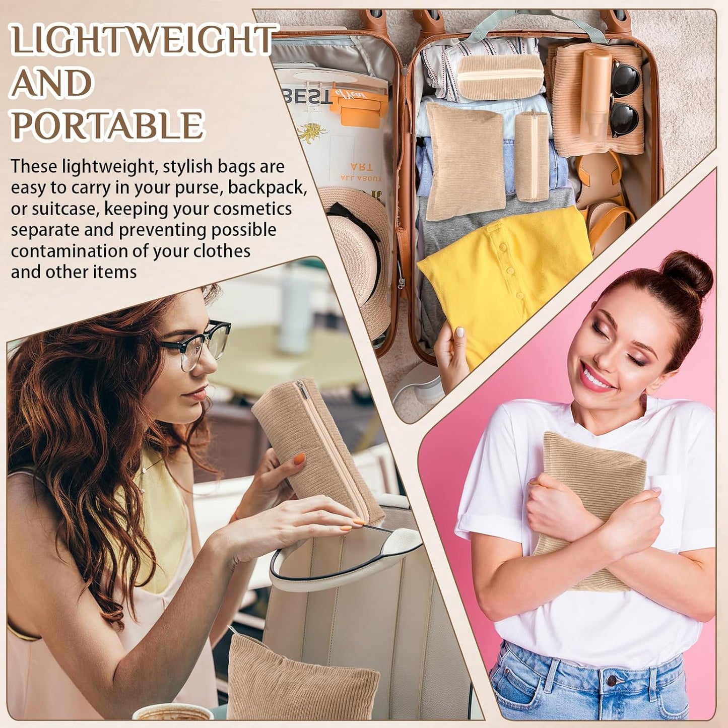 3 Pcs Makeup Bag Set for Women Corduroy Cosmetic Pouch Aesthetic Smile Travel Toiletry Bag Cute Purse Pouch Pencil Case Makeup Brushes Storage Organizer for Christmas(Khaki,Solid Style)