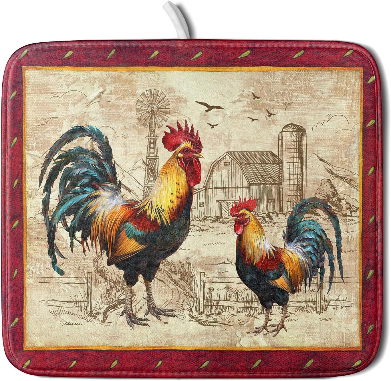 Farm Rooster Dish Drying Mat for Countertop 16x18 Inches Red Rustic Chicken Absorbent Microfiber Dry Dishes Pads Kitchen Counter Accessories