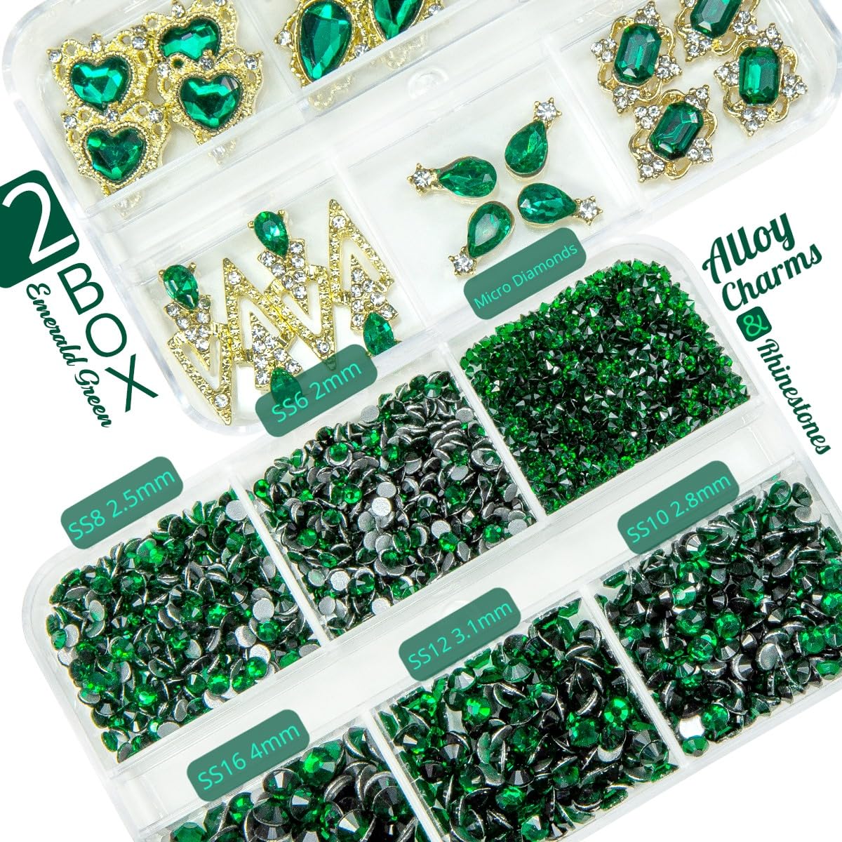 24pcs Green Luxury Nail Charms + 2000pcs Emerald Green Rhinestones 3D Big Gems Glass Crystals Diamonds Jewelry Stones Alloy Art Studs Decor Supplies Heart Charms for Arylic Nails Crafts