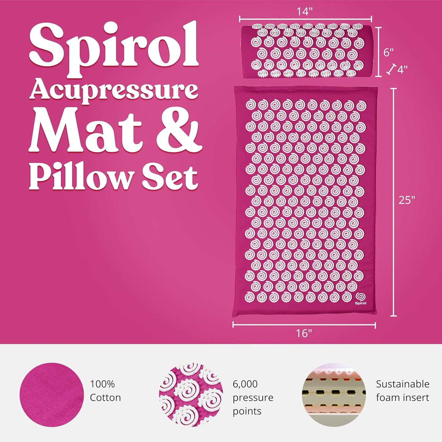 Spirol Acupressure Mat and Pillow Set for Back, Neck and Shoulder Pain Relief, with Flexible Acupressure Spikes, Includes Carry Bag (Amethyst)