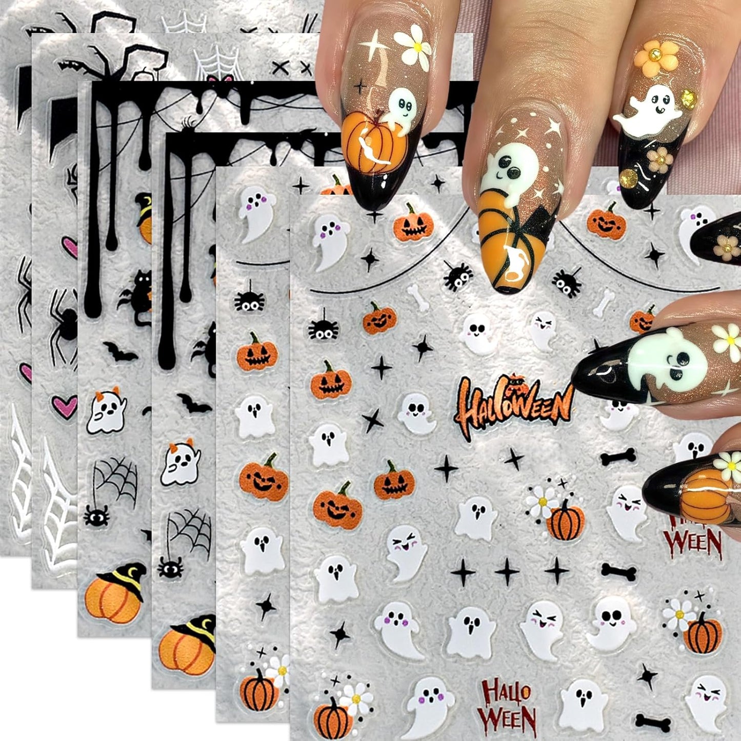 6Sheets Cute Ghost Nail Stickers for Nail Art,Micro-Relief Halloween Spider Nail Decals Pumpkin Cat Heart Spider Web Nail Designs Bat Star Nails Accessories for Women Acrylic Manicure Holiday Supplies
