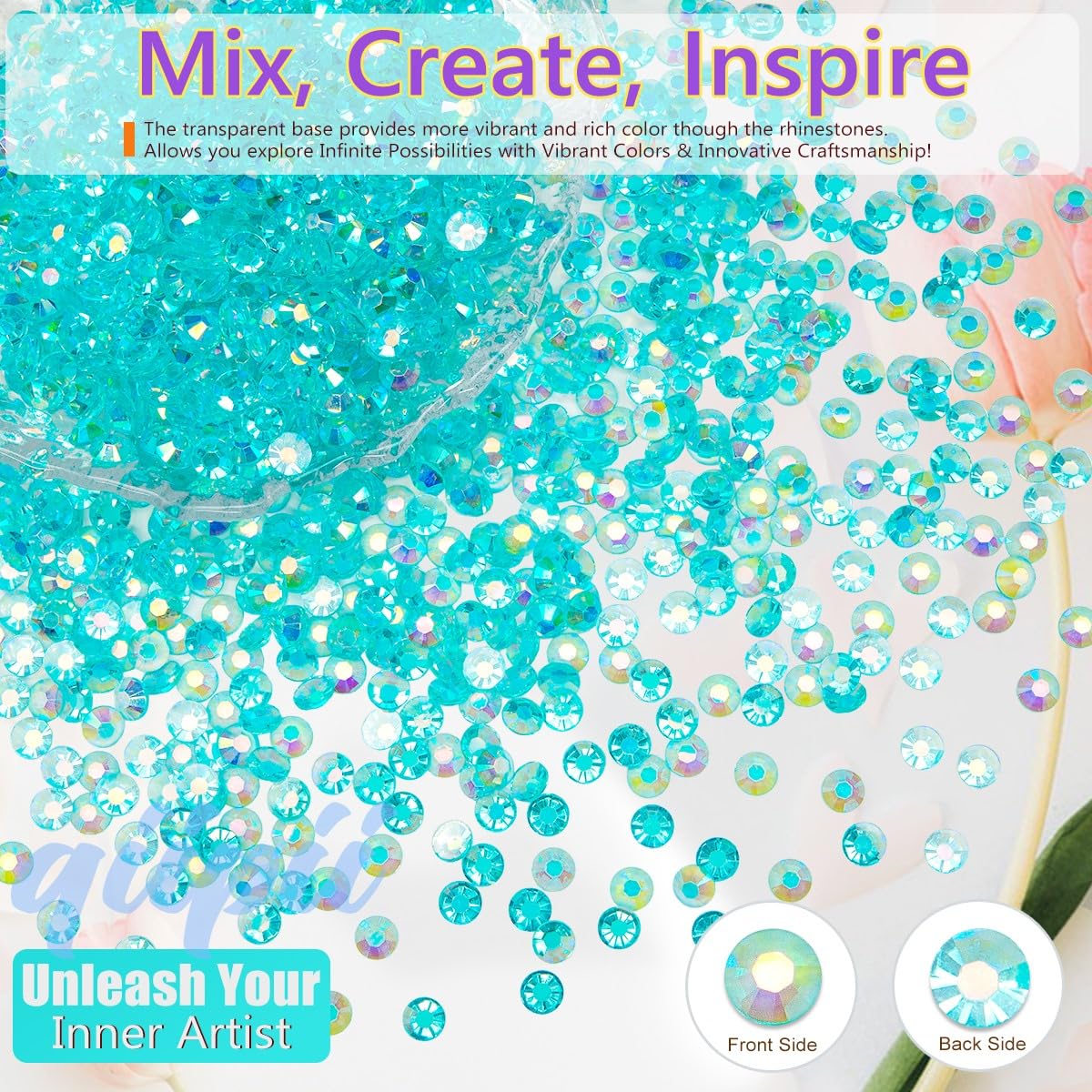 Transparent Aquamarine AB Resin Rhinestones for Crafting 3mm 4mm 5mm Lake Blue Flatback Jelly Stones Water Blue Diamonds Crystals Gems Charms for Nails Face Eyes Makeup Tumblers Bottles Crafts