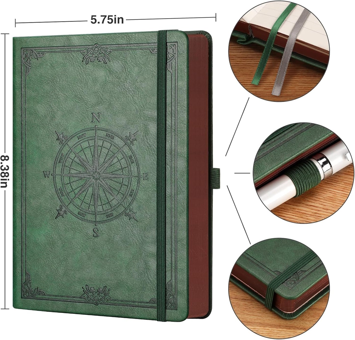 AHGXG Thick Journal Lined Notebook for Men - 320 Numbered Pages A5 College Ruled Notebook for Writing, 100gsm Paper, Vintage Leather Hardcover, for Women Work Office School, 5.75'' X 8.38''- Dark Green