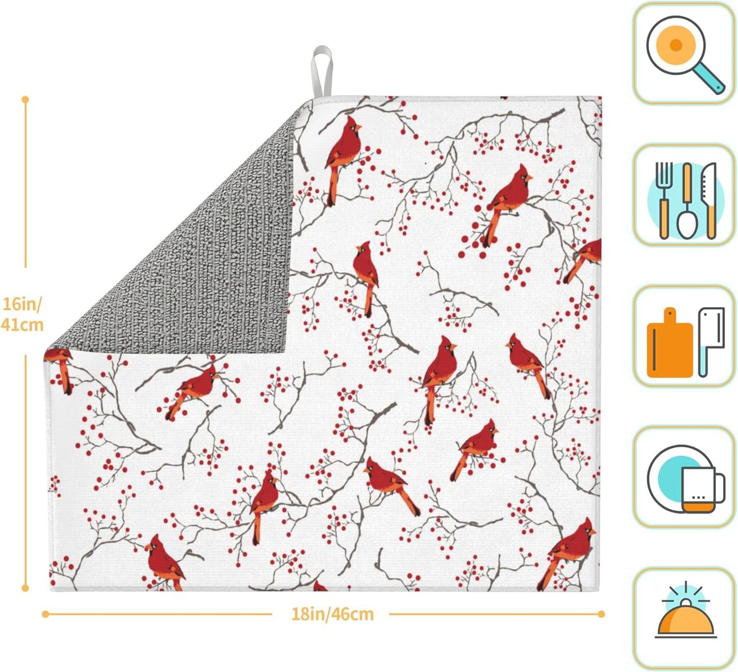 Cardinal Bird Red Berry Decor Kitchen Drying Mat Cute Microfiber Dish Drainer Mat for Kitchen Counter Absorbent Reusable Washable Home Holiday Decor 16x18 Inch