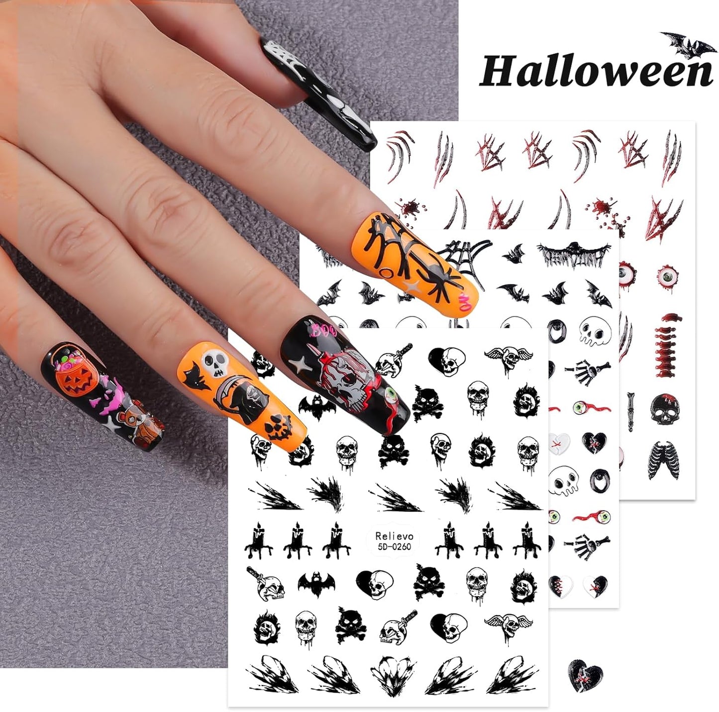 9 Sheets Halloween Nail Art Stickers 5D Embossed Nail Decals Ghost Pumpkin Bat Cat Skull Spider Web Gothic Nail Supplies for Women Girls DIY Nail Decorations