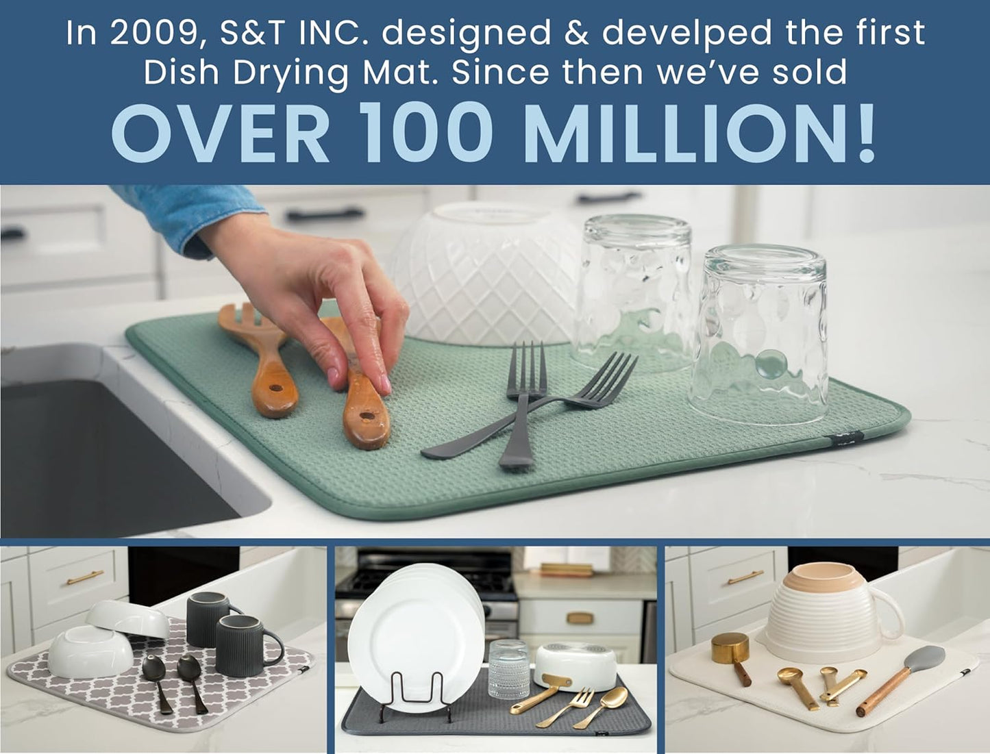 S&T INC. Dish Drying Mat XL, 18” x 24”, Absorbent Microfiber Kitchen Counter Mat, Dish Drying Pad for Dishes, Utensils, Pots and Pans, Extra Large, Tapestry Blue