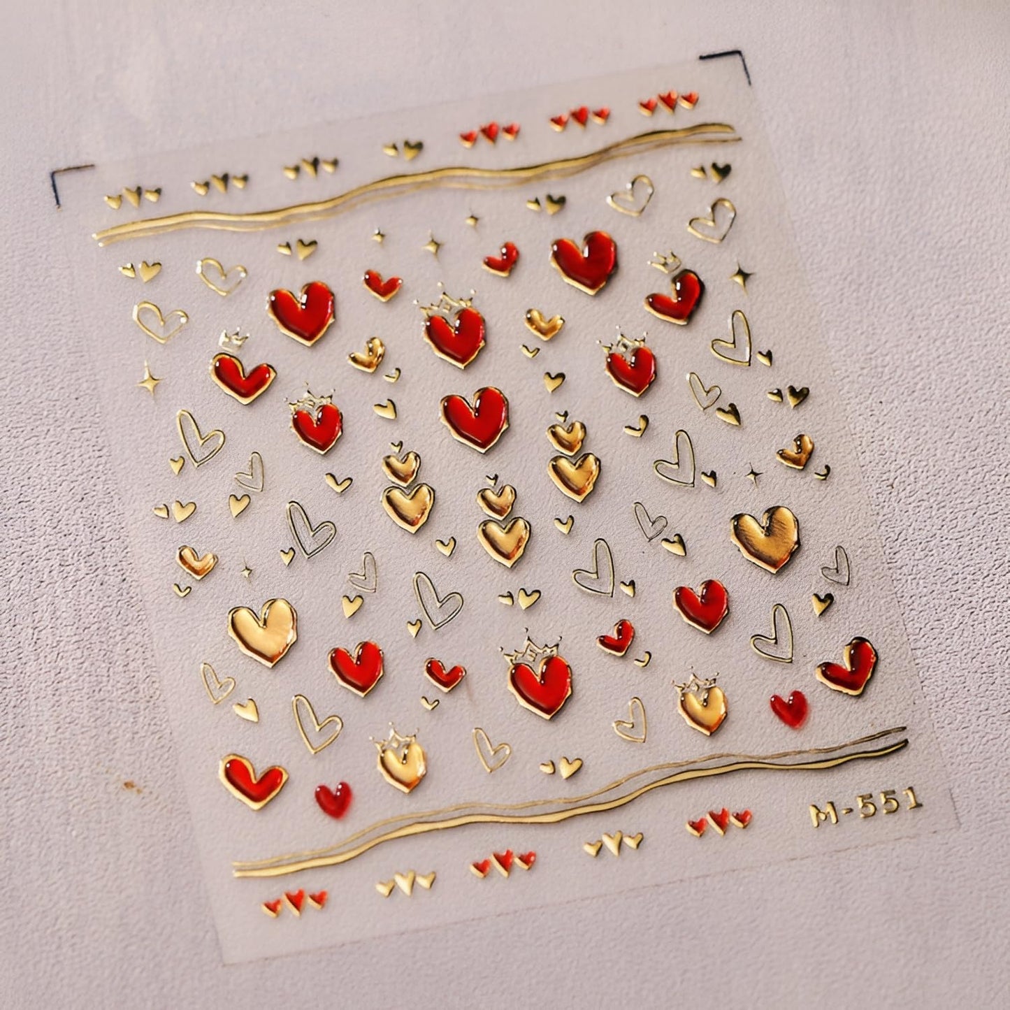 Red Valentine's Day Nail Stickers - 5D Embossed Heart Decals for Nail Art Design - Gold Heart Supplies for Women DIY Manicure Decoration
