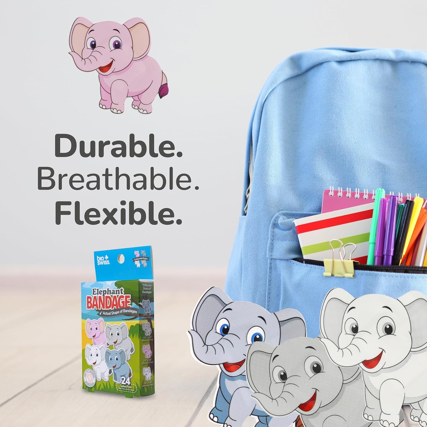 BioSwiss Kids Bandages, Elephant Shaped Self Adhesive Bandage, Latex Free, Sterile Wound Care, 24 Count