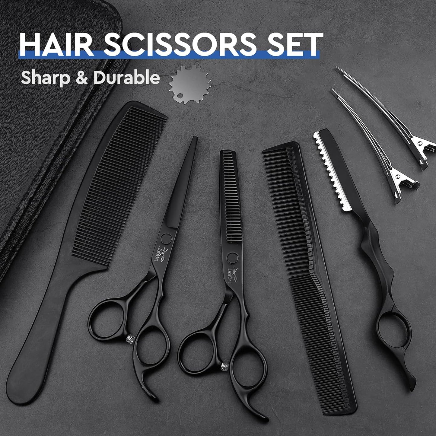 JASON Hair Cutting Scissors Set - Professional 10 PCS Haircut Scissors kit, Thinning Blender Scissors, Straight Shears with 30 Teeth for Men Women Home Salon Barber (6.5", Black)