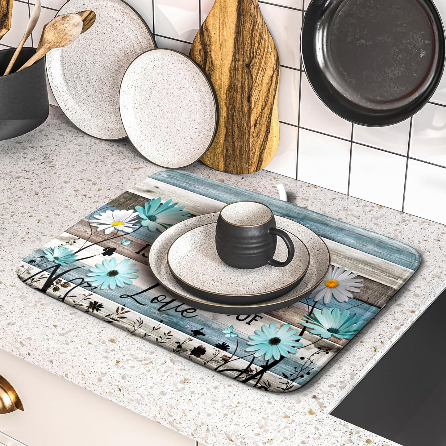 Daisy Floral Dish Drying Mat 16x18 Inches Rustic Wood Microfiber Absorbent Reversible Dish Draining Pad Fast Dry Kitchen Accessories