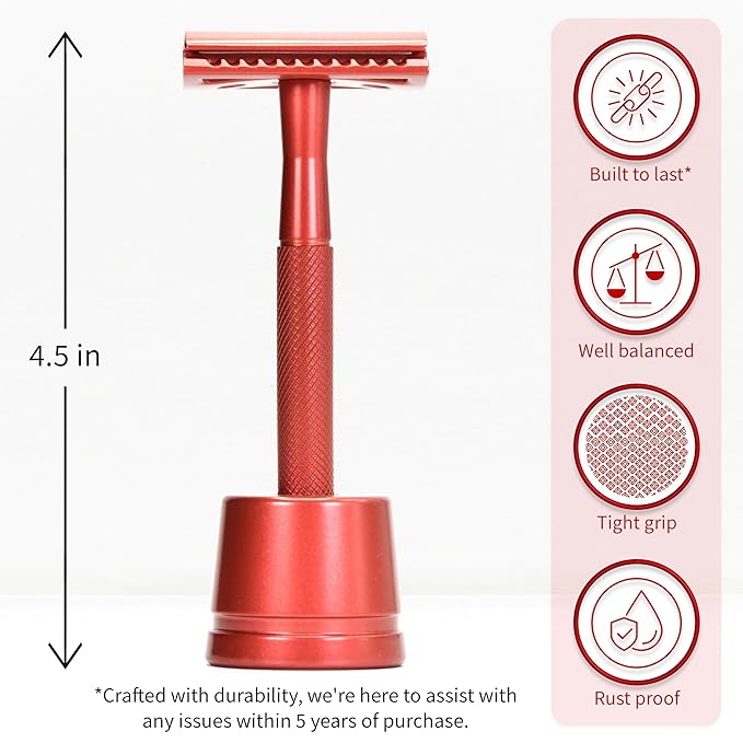 Bambaw Double Edge Safety Razor with Stand, Safety Shaving Razor with 5 Double Edge Safety Razor Blades, Eco-Friendly Razor for Shaving – Red