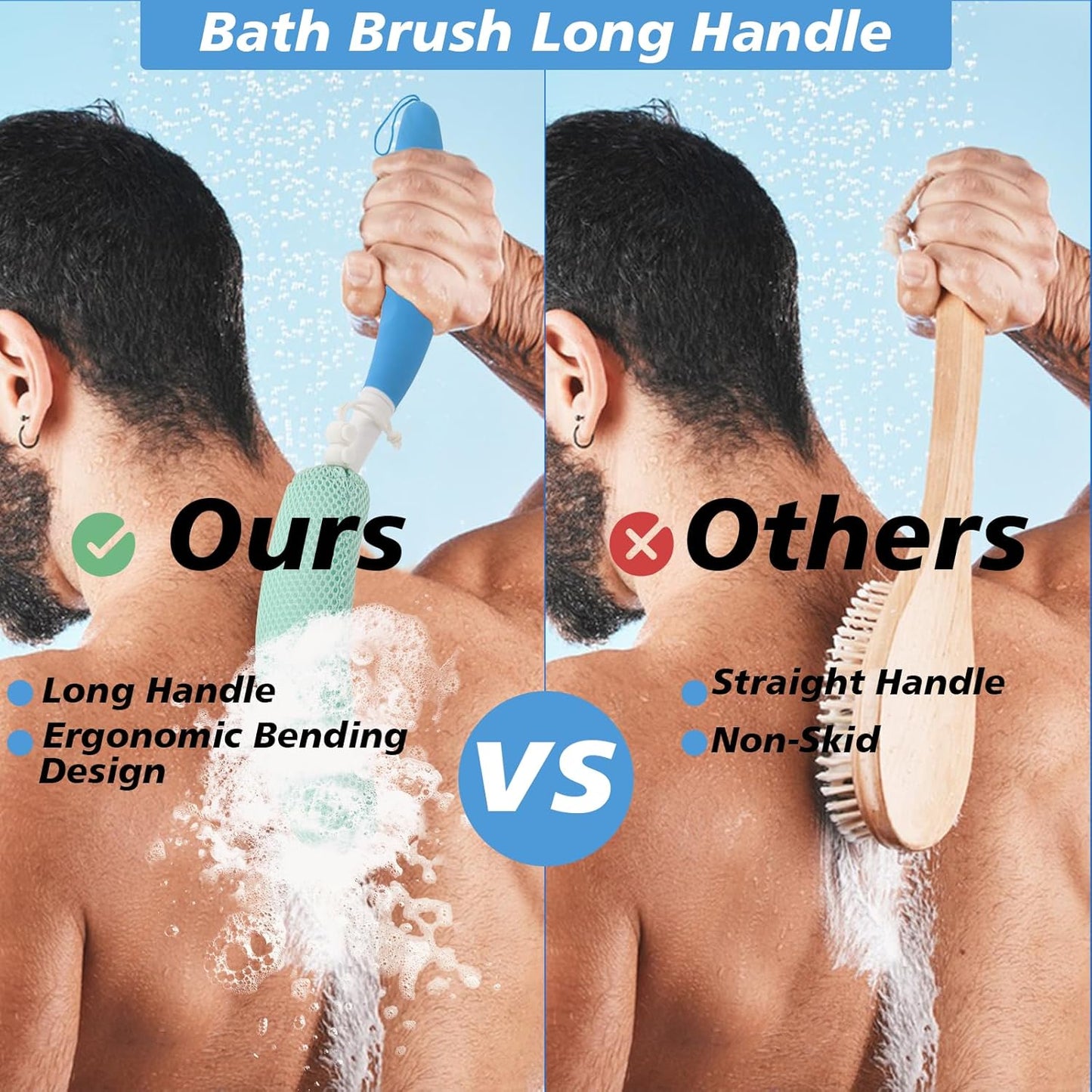 Shower Back Brush with Long Handle, 15.35" Body Brush, Long Back Scrubber for Men Women, Long Handled Sponge Body Exfoliator, Loofah Back Scrubber for Aid Bathing（Black）