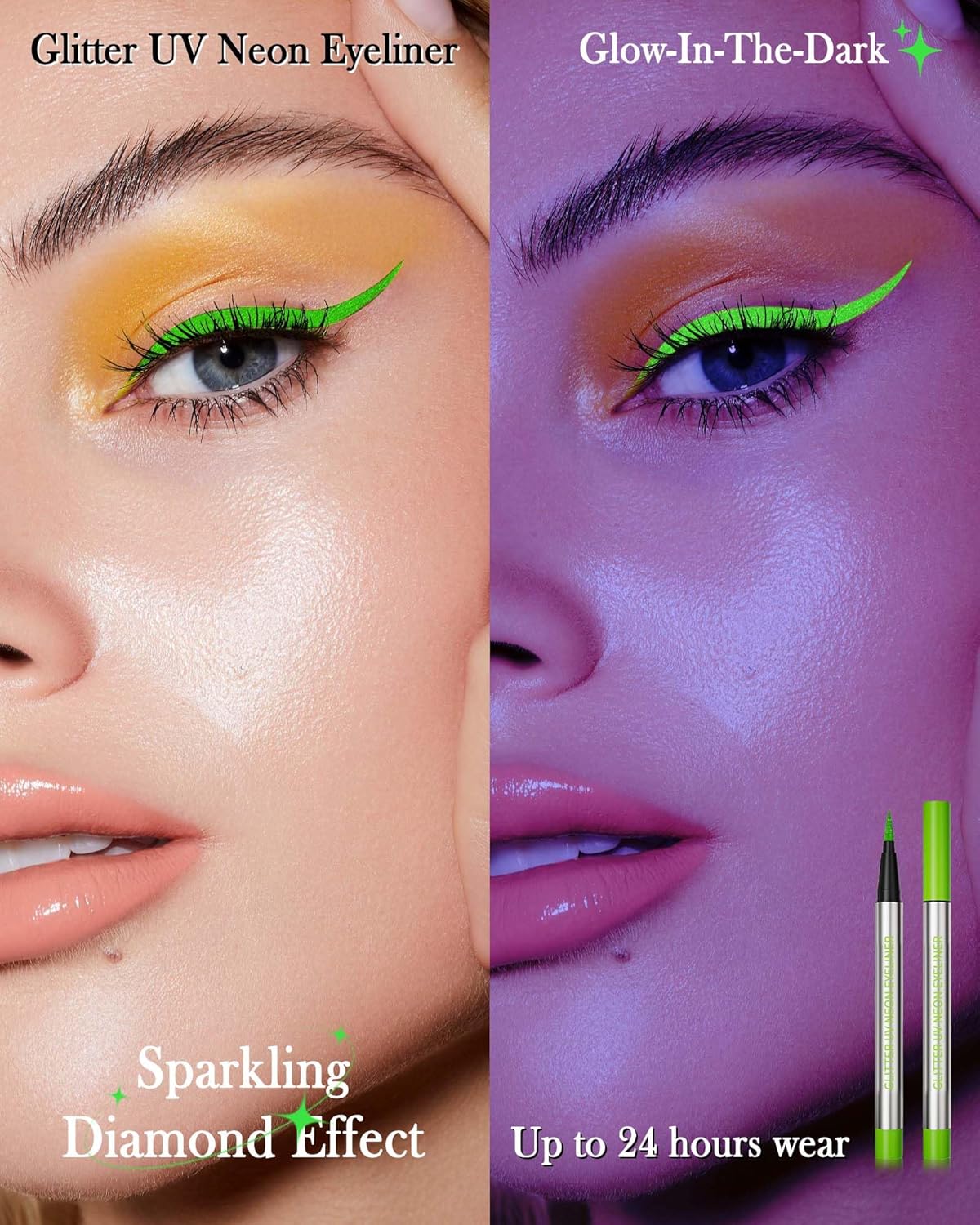Glitter UV Neon Eyeliner Pencil, Waterproof Smudge-Proof Green Eye Liner Liquid Pen, High-Pigment Shimmer Eyeliner Pen Long-Lasting Colorful Professional Makeup, Halloween Rave Party Gift for Women-05