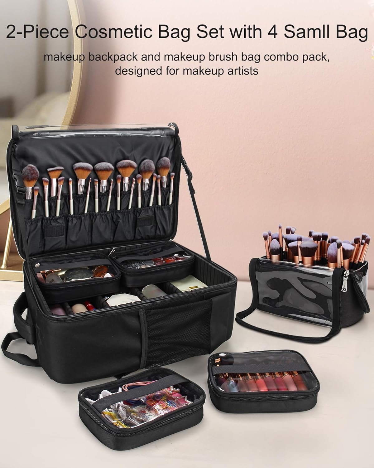 Makeup Backpack Makeup Artist Bag Professional Extra Large Cosmetic Bags Travel Train Case Storage Organizer Double-Layer Cosmetic Case with 4 Pouch and Brush Organizer (Black, two piece)