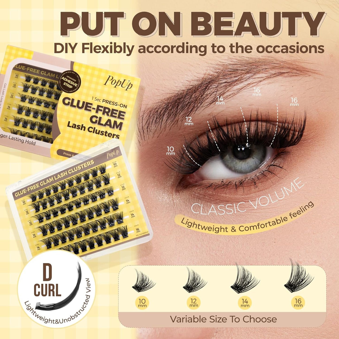 PopUp Self Adhesive Eyelashes Clusters, Press On Lashes Pre Glued Eyelash Extension Kit with Lash Tweezer,10-16mm No Glue No Remover Needed Self Adhesive Lashes Clusters CT50