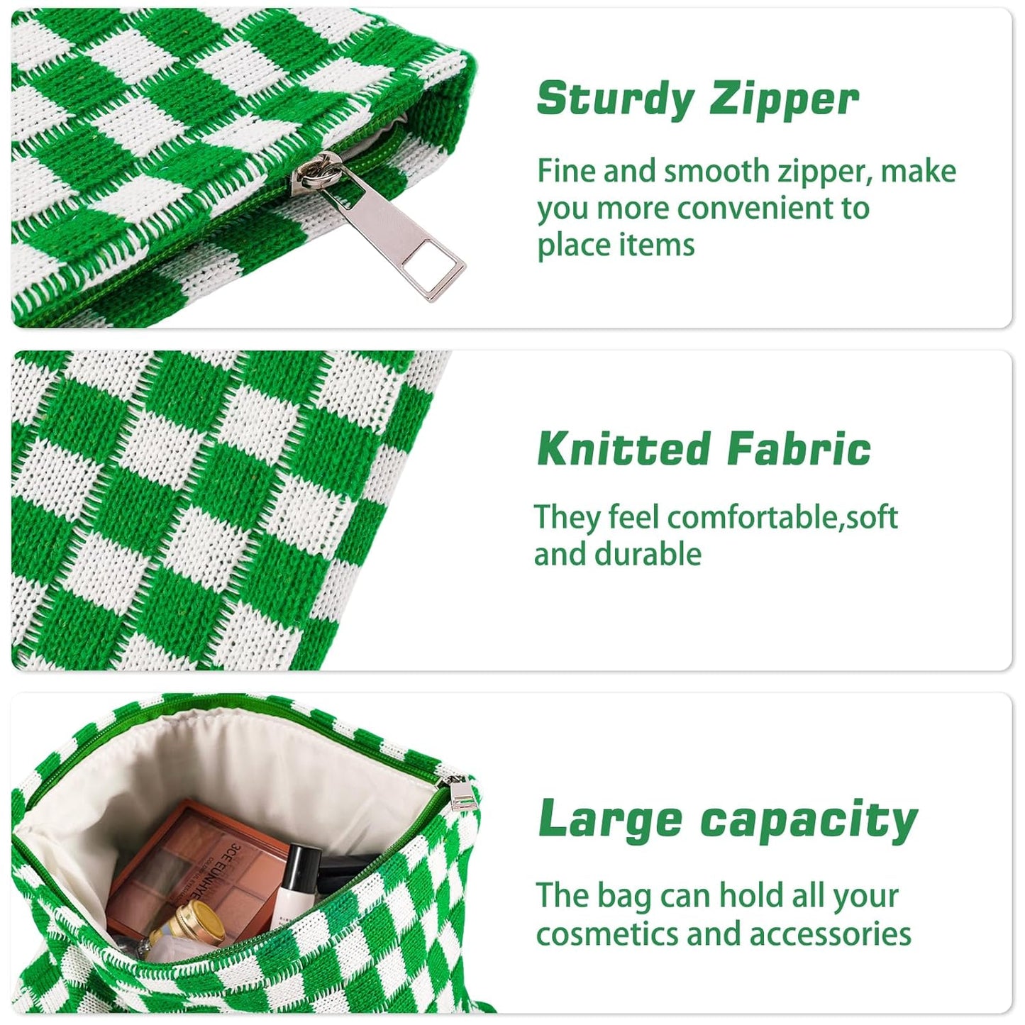 ZLFSRQ 3Pcs Checkered Makeup Bag for Women Large Small Checkered Cosmetic Bag Set Aesthetic Preppy Pencil Case Cute Pencil Pouch Green Makeup Pouch for Purse Travel Toiletry Bags Zipper Skincare Bags