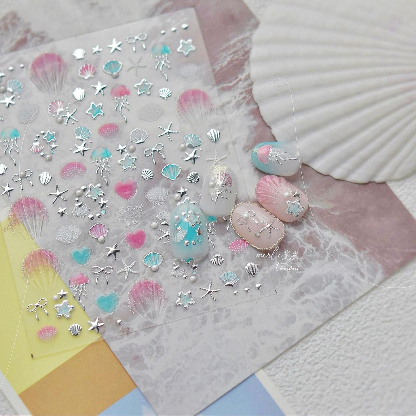 1 Sheets Summer Nail Stickers for Nails Art 5D Embossed Self-Adhesive Shell Starfish Nail Art Stickers Decals Silver Ocean Star Jellyfish Design Beach Nail Supplies for Women Manicure Accessories
