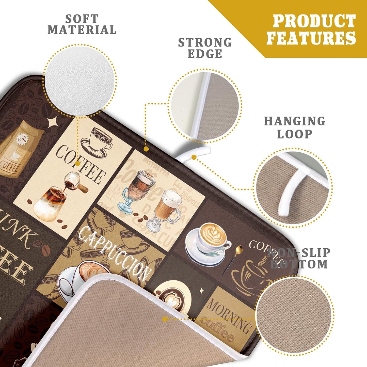 Brown Coffee Dish Drying Mat 16x18 Inch Coffee Cup Espresso Machine Pad Absorbent Washable Dish Rack Pad for Kitchen Counter Cafe Bar