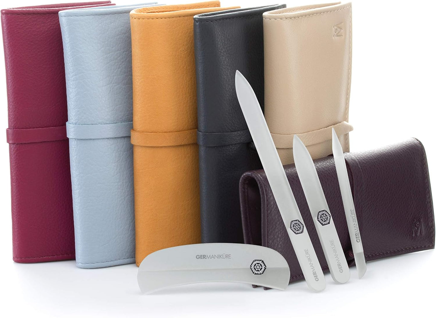 GERMANIKURE Gray Crystal Glass Nail File Set in Eggplant Purple Leather Case – Handmade in Czech Republic – Professional Manicure & Pedicure Supplies – Glass Cuticle Stick, Pusher, Moon File