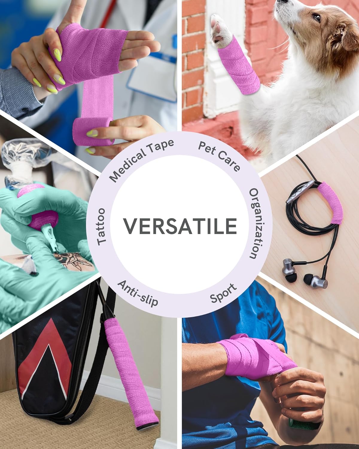 FriCARE Self Adhesive Bandage Wrap, Medical Tape in First Aid Kit, Cohesive Bandages for Wounds Sport Vet, FSA/HSA Eligible, 2 Inches X 5 Yards 6 Rolls, Fluorescent Purple