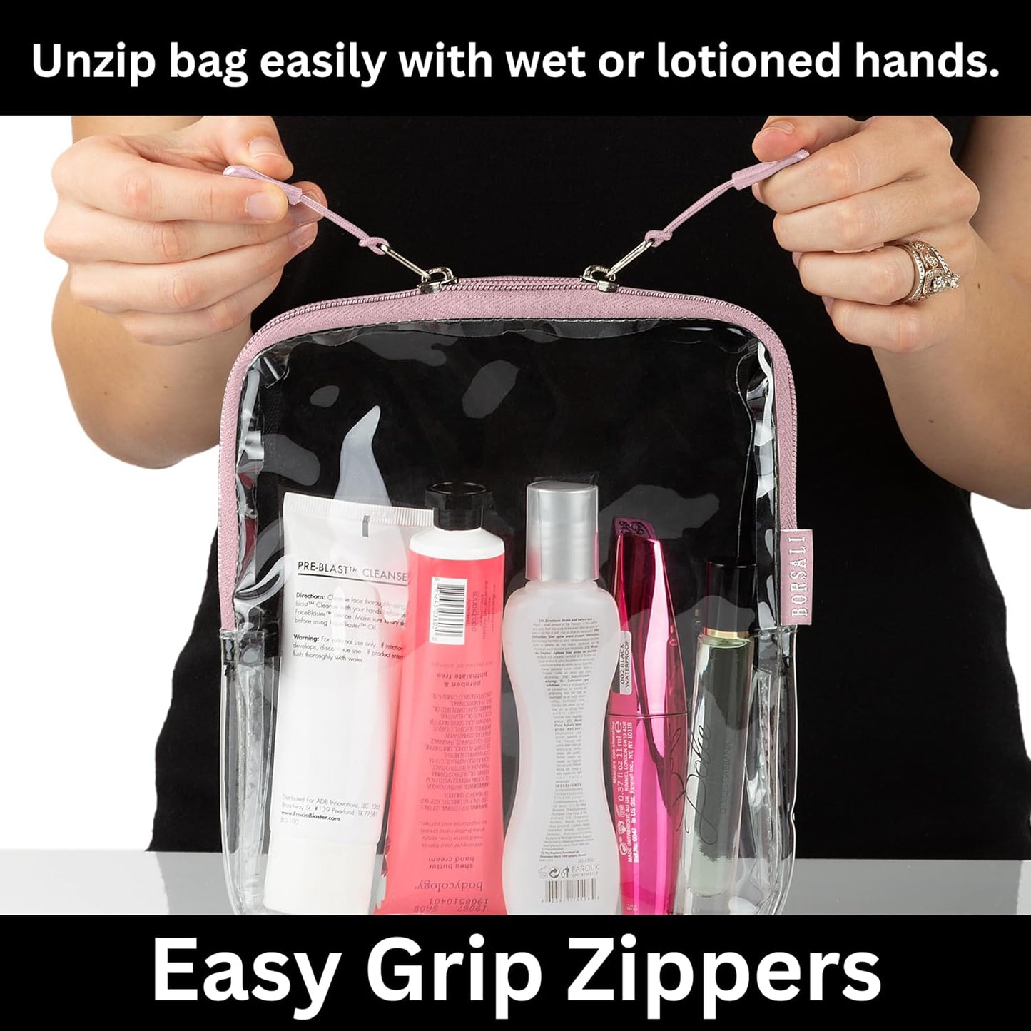 BORSALI TSA-Approved Quart-Sized Bag for Carry-On Travel - One (1) Quart Clear Toiletries, Cosmetic and 3-1-1 Liquids Toiletry Bag - Rose