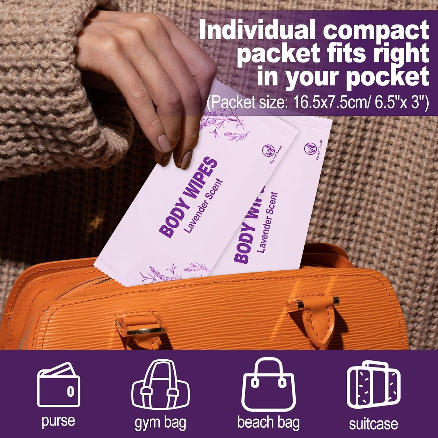 Body Wipes Individually Wrapped, 50 Pack Adult Bath Wipes No Rinse Extra Large Thick (11.8"x7.9"), Suitable for Camping, Gym and Travel, Lavender Scent