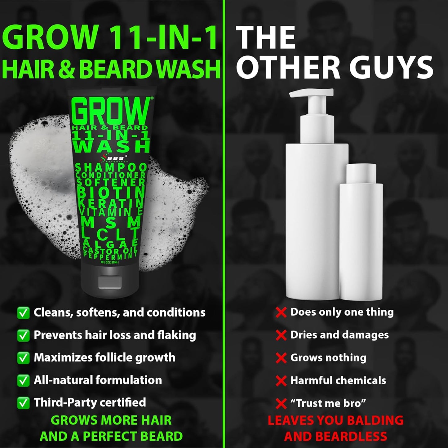 Beard Growth Kit w/GROW XXL Beard Serum for Maximum Facial Hair & Conditioner + GROW 11-in-1 Mens Shampoo & Conditioner (Hair Growth Shampoo for Men w/Biotin) - Formulated in America