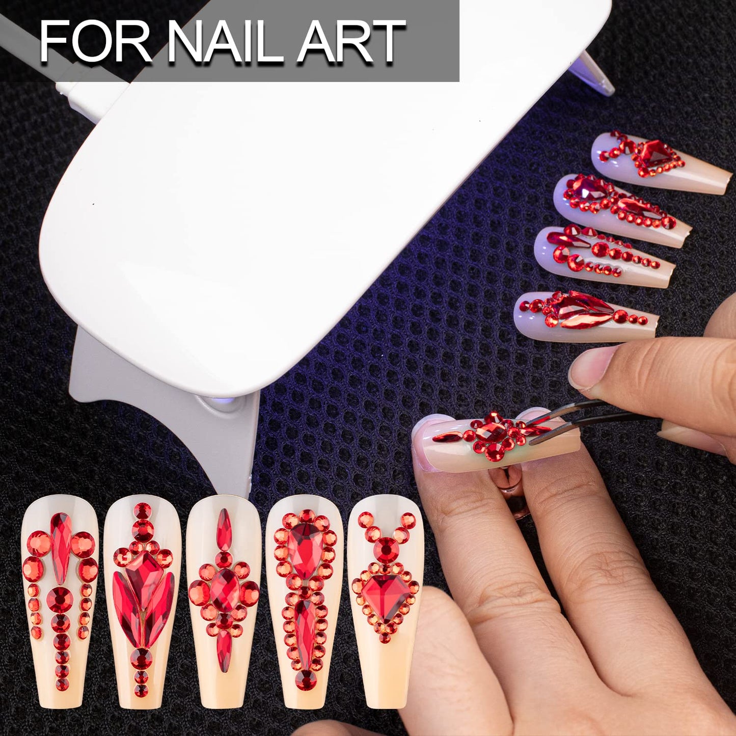 18 Styles Multi-Shaped Glass Gemstones for Nails and 6 Sizes Round Crystal Rhinestones Kit #3, Red Nail Art Charm Bead Manicure Decoration with Pickup Pencil and Tweezer