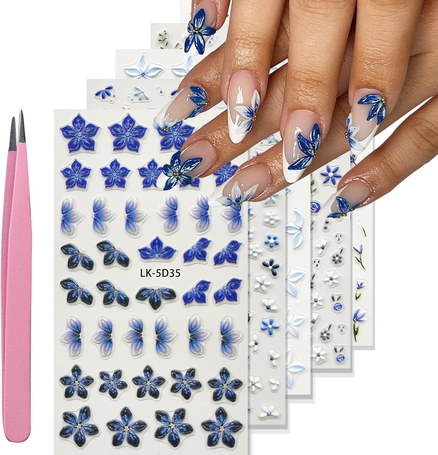 Nail Art Stickers Decals 5D Embossed Flower Nail Decals Self Adhesive Spring Summer Nails Supplies 3D Design for Women Nails Decoration Fresh Blue Purple Flower Stickers