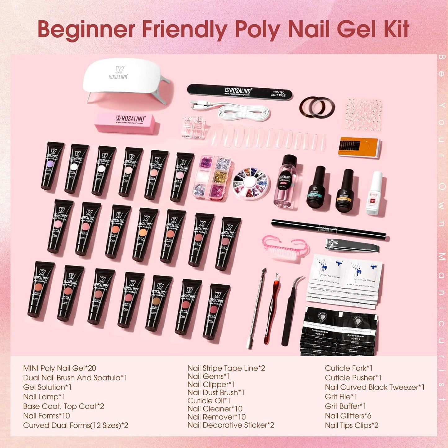 ROSALIND Poly Nail Gel Kit -20 Colors + 76 Nail Art Accessories kit Clear Nude Poly Nails Gel Starter Kit With Slip Solution Pro Nude Pink Nail Extensions with Mini UV Lamp