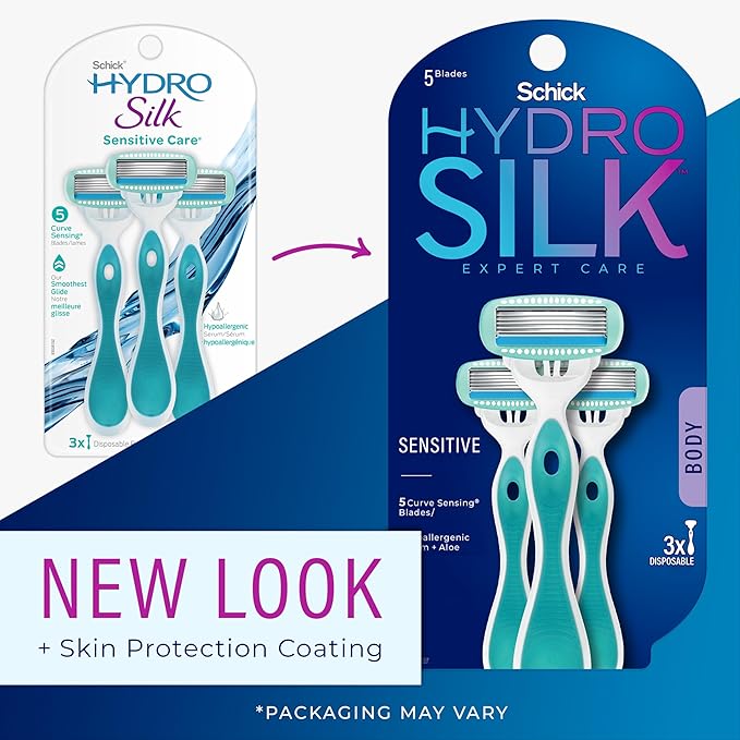 Schick Hydro Silk Sensitive Women's Disposable Razors, 3ct | 5-Blade Disposable Razors for Women Sensitive Skin | Travel Razor for Women