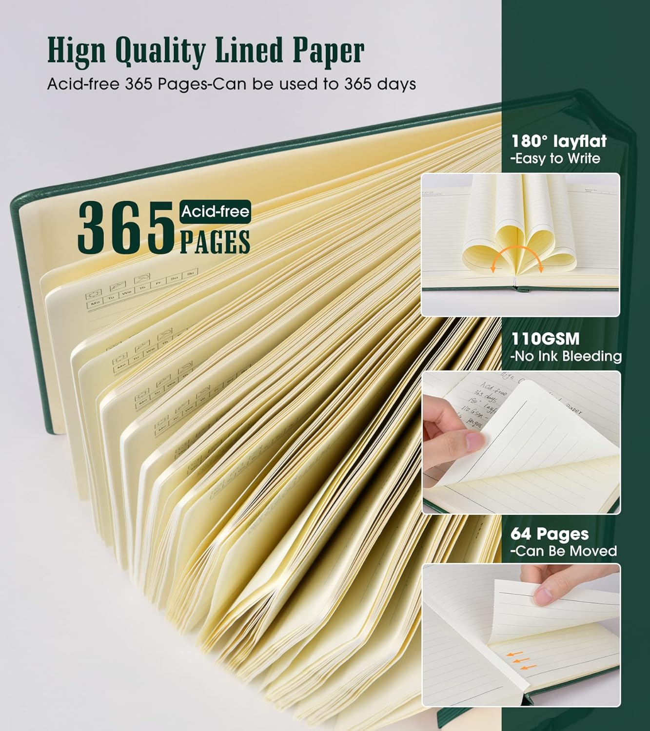 Lined Journal Notebook, 365 Pages A4 Large Journals for Writing Ruled Notebook, Hardcover Leather Journal for Women Men, Daily Journal Notebook for Work, Note Taking, 100Gsm Thick Paper ( 8.5" x 11" Green)