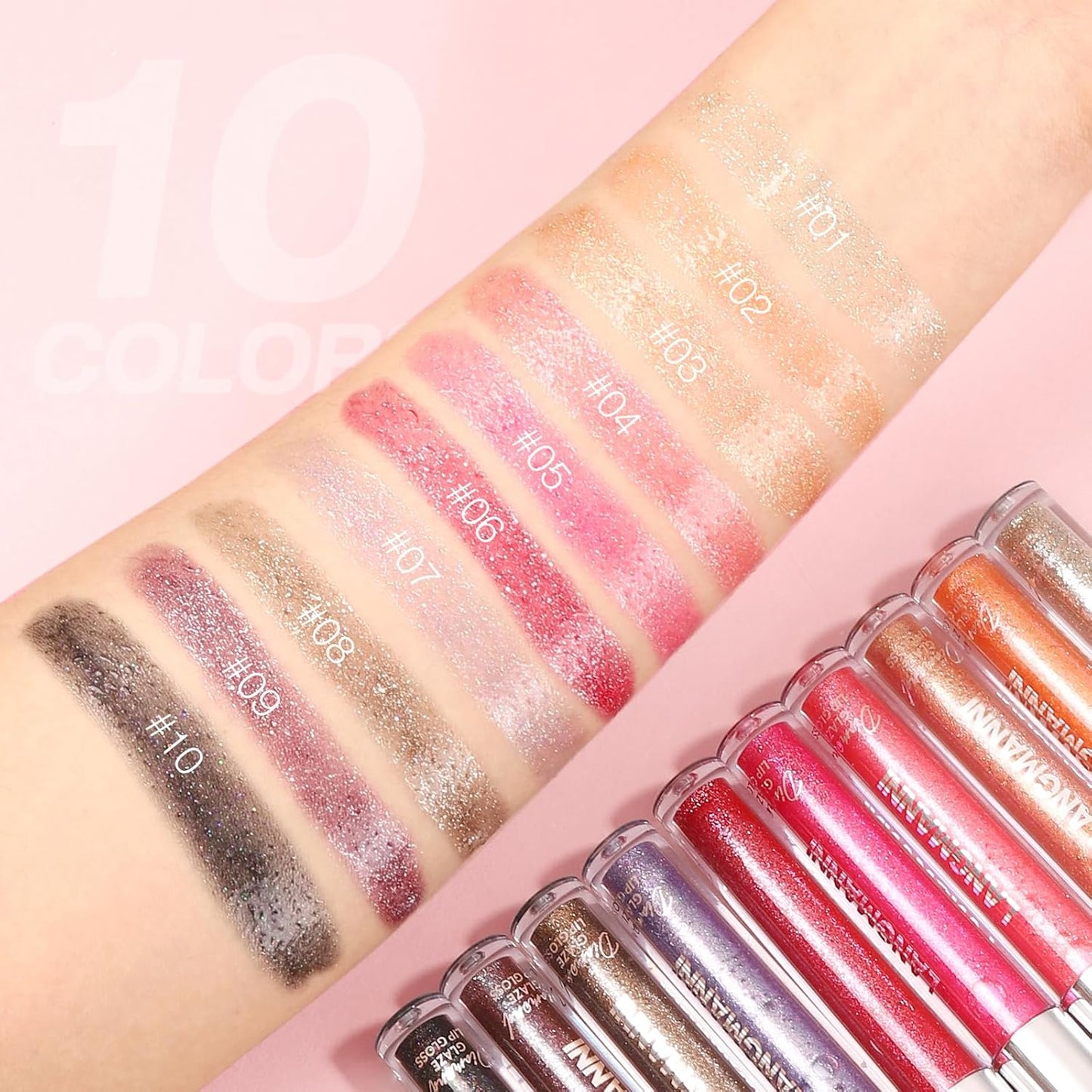 LANGMANNI 4 Colors Diamond Glitter Lip Gloss Set,Long Lasting High Shine Shimmer Liquid Lipstick Set,Hydrating,Moisturizing Lip Gloss Kit Gift Makeup For Girls(#05+06+07+08)