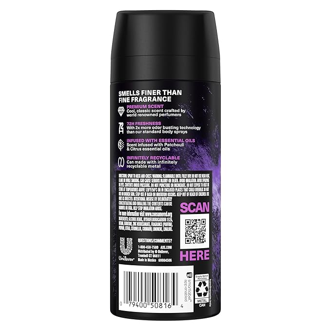 AXE Fine Fragrance Collection Premium Body Spray Purple Patchouli with Citrus + Oak Essential Oils 3 Count with 72H Odor Protection Aluminum-Free 4 oz