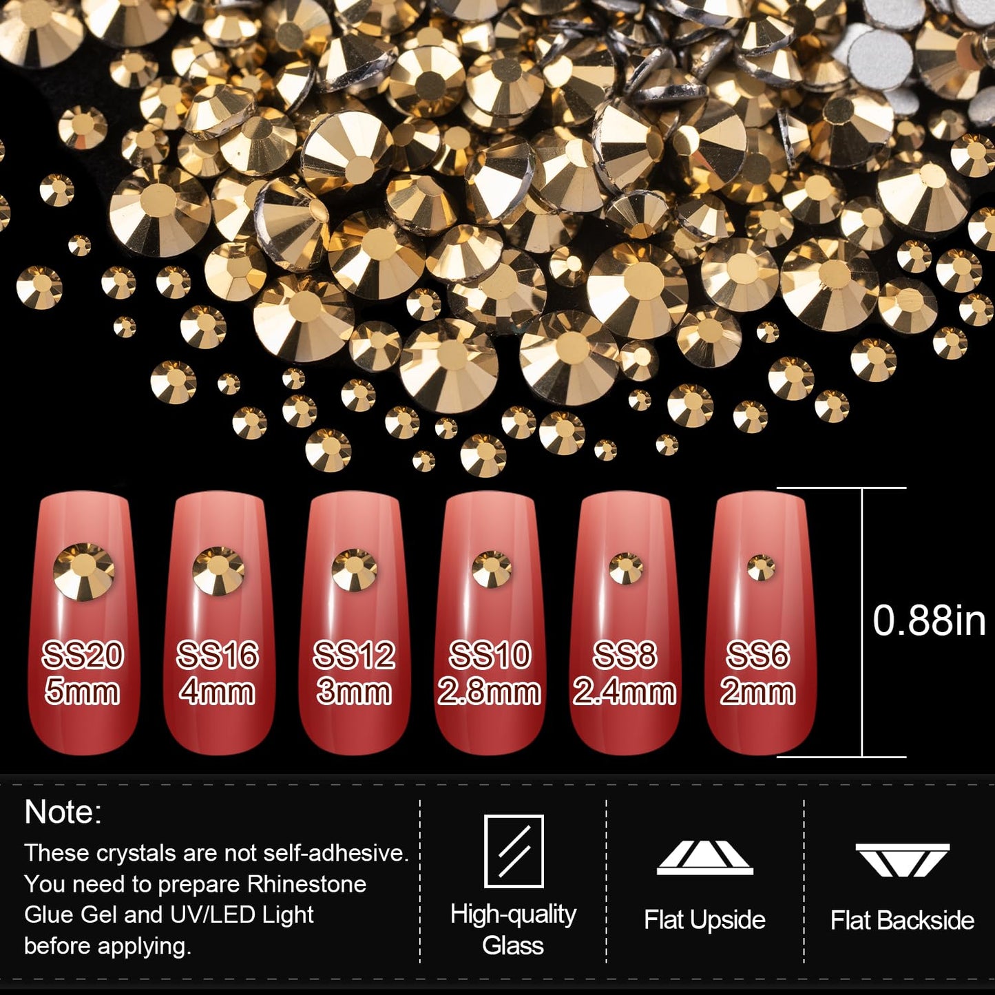 Multifunctional Rhinestone Kit - Gold Glass Nail Charms & Beads (2-5mm), UV/LED Gel Glue with Dotting Tools