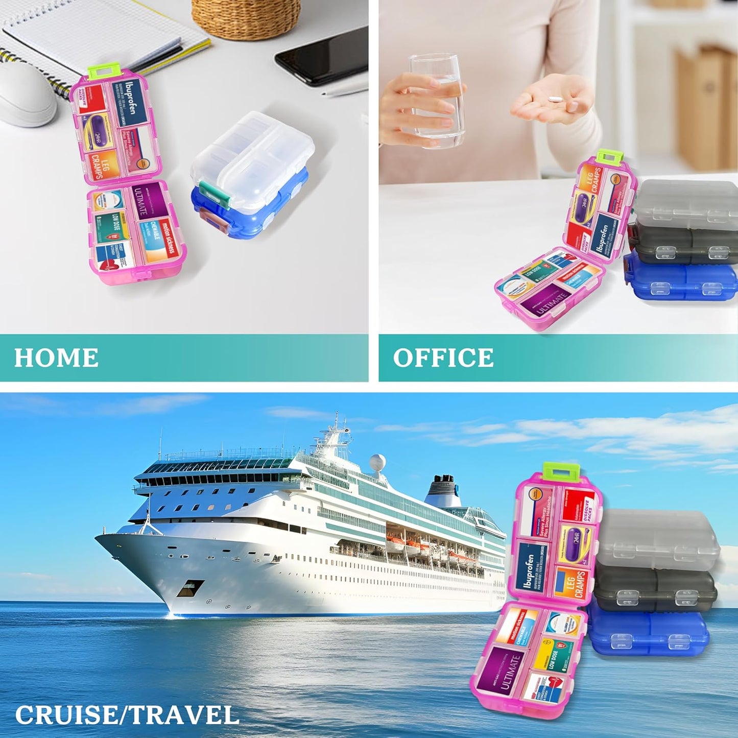 Large Daily Pill Container with Medicine Labels - 7 Day Mini Medication Organizer (Blue, 161 Labels)