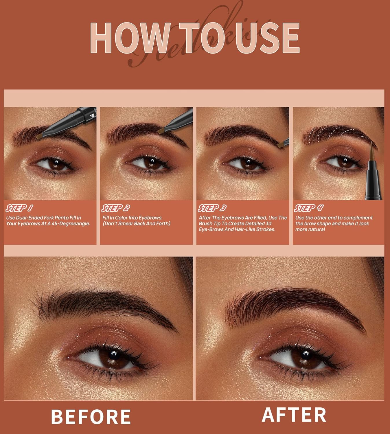 4-Fork Tip Microblading Eyebrow Pen - 2-in-1 Waterproof Eyebrow Pencil, Long-Lasting Natural Hair-Like Brows, Smudge-Proof & Easy to Use (02#Dark Brown)