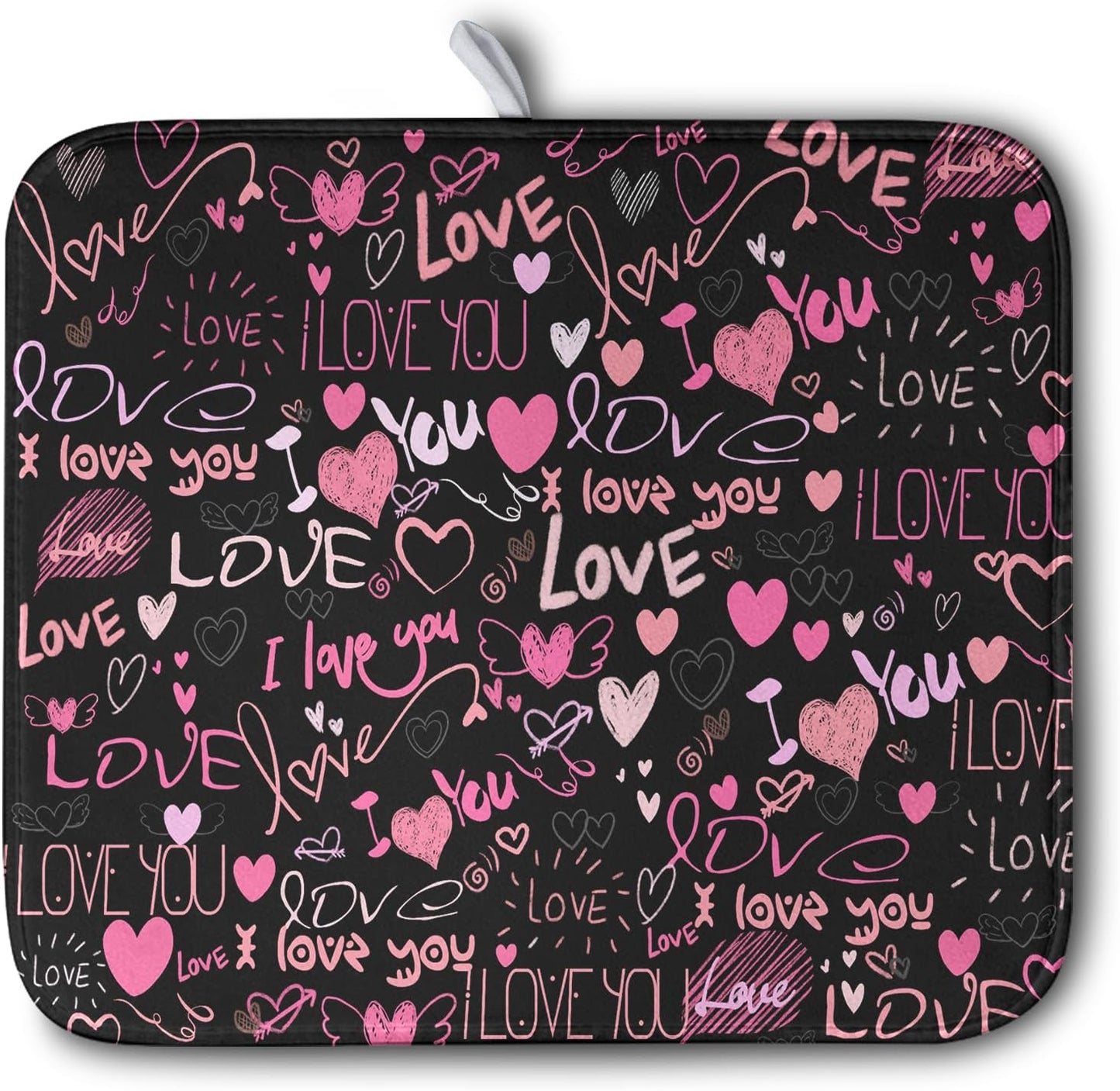 Mother's Day Dish Drying Mat for Kitchen Counter Love Heart Black Drying Mats Absorbent Reversible Microfiber Dish Pad Washable Dish Draining Mat Extra Large 16x18 inch