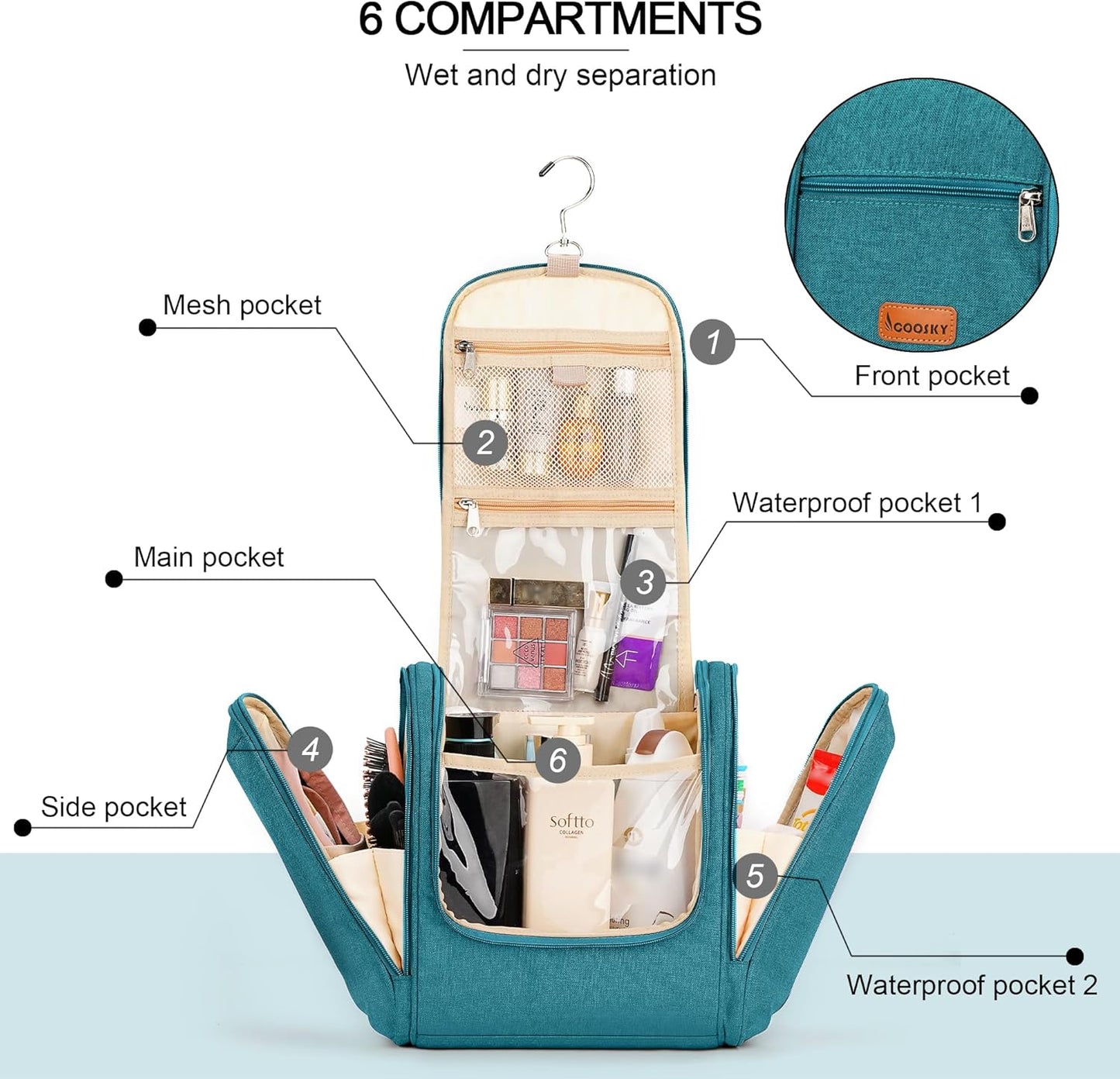 Travel Hanging Toiletry Bag for Women and Men, 6 Organizer Compartments, Holds Full Size Bottles, Extra Large Cosmetic Accessories, Makeup essentials, Bathroom Water-resistant Toiletries Bag, Blue