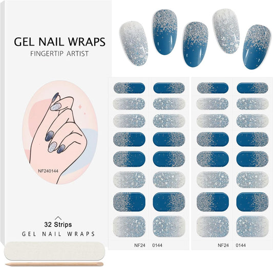 32PCS Semi-Cured Gel Nail Strips EBANKU Nail Polish Stickers Long-Lasting Semi-Cured Gel Nail Wraps Full Nail Polish Wraps Shiny Nail Decors Gel Nail Art Stickers UV/LED Lamp Required (Diamond Blue)