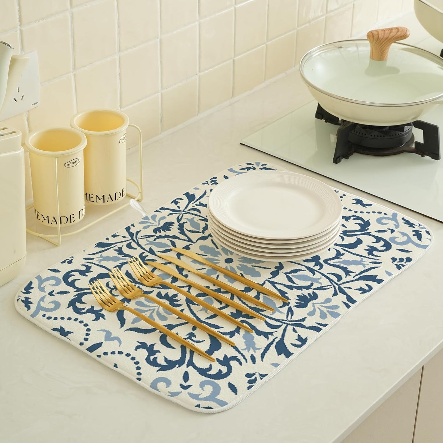 Blue Dish Drying Mat for Kitchen Counter, 18x24 Inch Navy Blue Boho Style Floral Absorbent Dish Drying Pad Heat Resistant Mat Coffee Bar Mat Dish Drainer Rack Mat