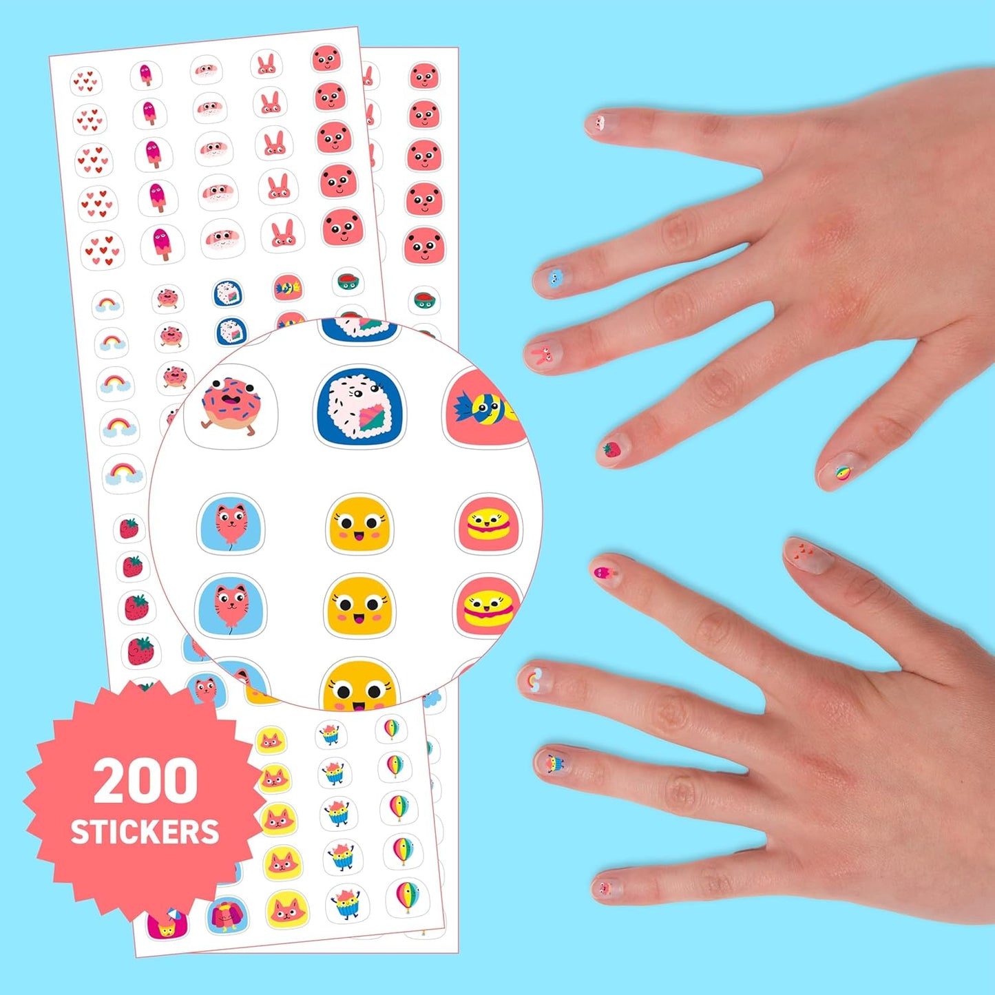 Omy Kawaii Nail Stickers for Kids - 200 Stickers, Waterproof, Durable, Fun, Creative Designs | Strong Enough to Last Through Hand Washing - Easy to Apply, Safe, Non-Toxic | Age 3 and Up
