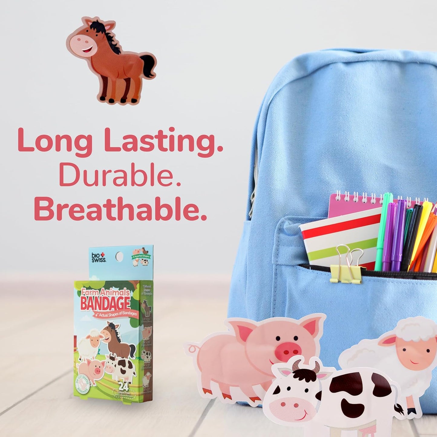 BioSwiss Kids Bandages, Farm Animal Shaped Self Adhesive Bandage Set, Latex Free, Sterile Wound Care, 24 Count