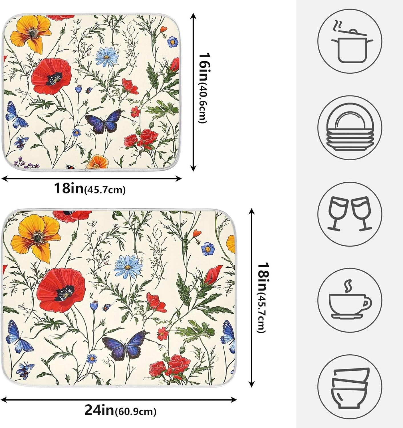 Butterfly Red Tulip Wildflower Dish Drying Mats for Kitchen Counter Absorbent Microfiber Dish Drying Matt 16 x 18 Inch Draining Reusable Rack Pad