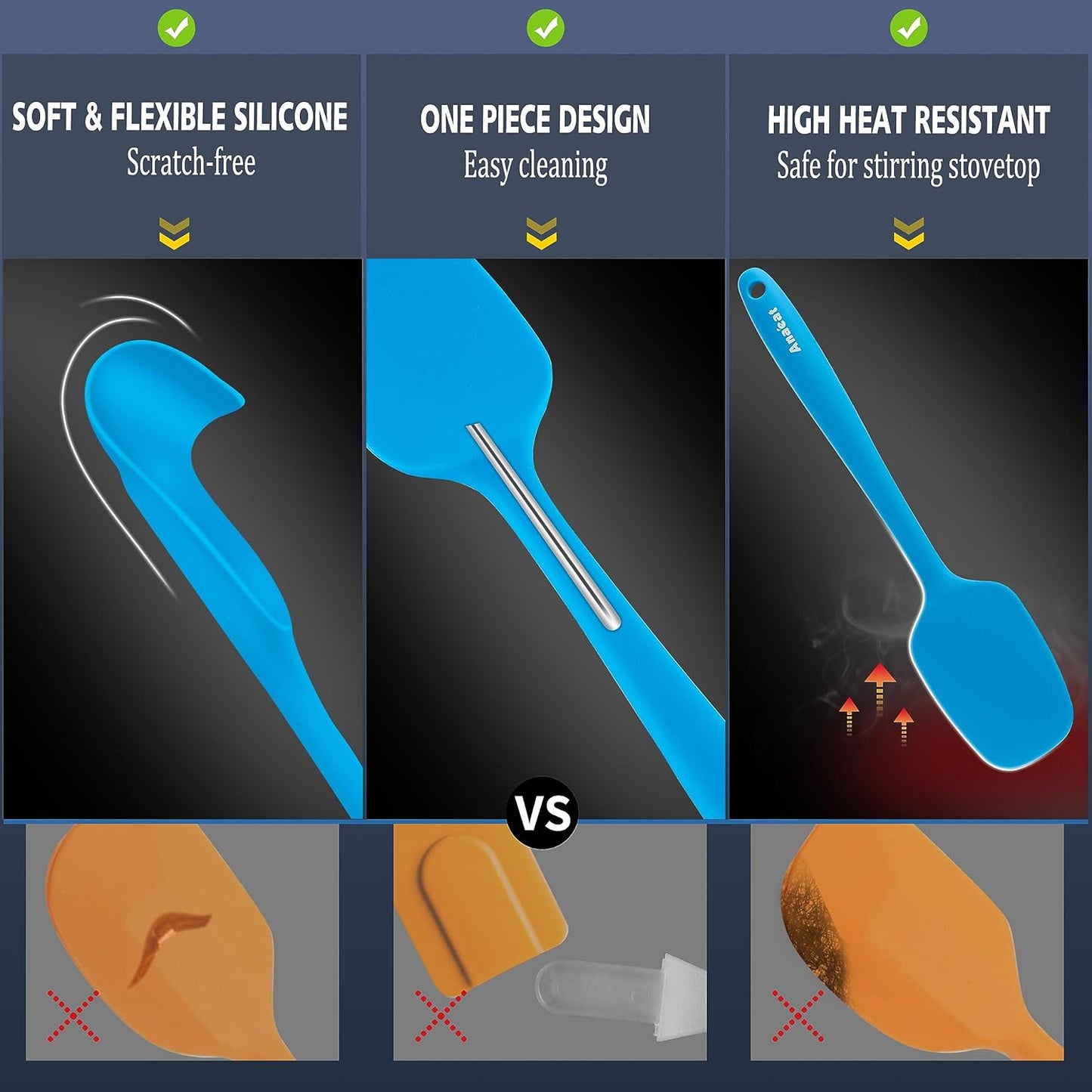 Anaeat Silicone Spatula Set of 5 - Seamless One-Pieces Design, Non-Stick Rubber Spatulas BPA Free Kitchen Scraper Flexible for Easy Baking, Cooking, Scraping & Mixing, Heat Resistant & Dishwasher Safe