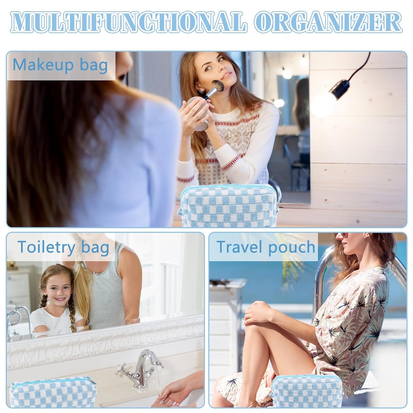 2Pcs Checkered Pencil Case Cute Pencil Pouch for Teens Checkered Makeup Bag Travel Cosmetic Bag Set Cute Makeup Pouch for Purse Portable Zippered Skincare Bags Preppy Toiletry Bags Organizer(Blue)