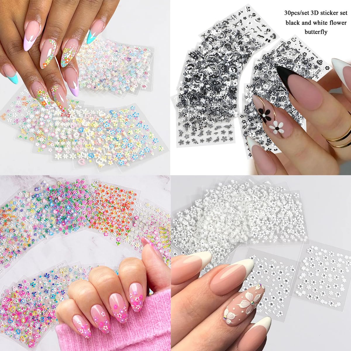 30 Sheets 3D Self-Adhesive Flower Nail Stickers - Black, White, Colorful Cherry Blossoms, Daisy Art for Gel Nails - Spring Design Supplies, DIY Charms Decoration for Women