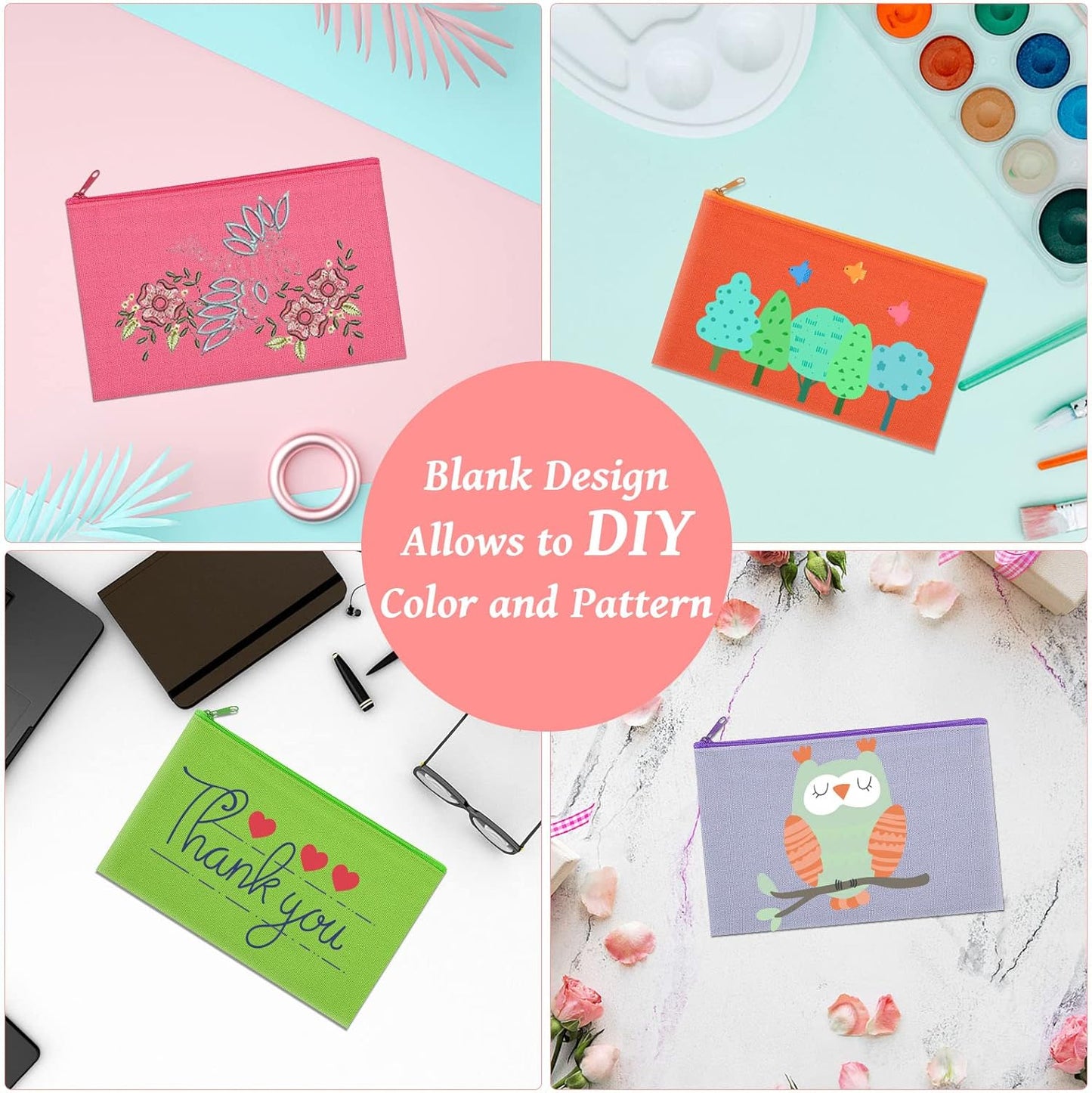 12 Pieces Cotton Canvas Makeup Bag, Multipurpose Cosmetic Bag with Zipper Travel Toiletry Pouch, Blank DIY Craft Bag (Multicolored B, M)