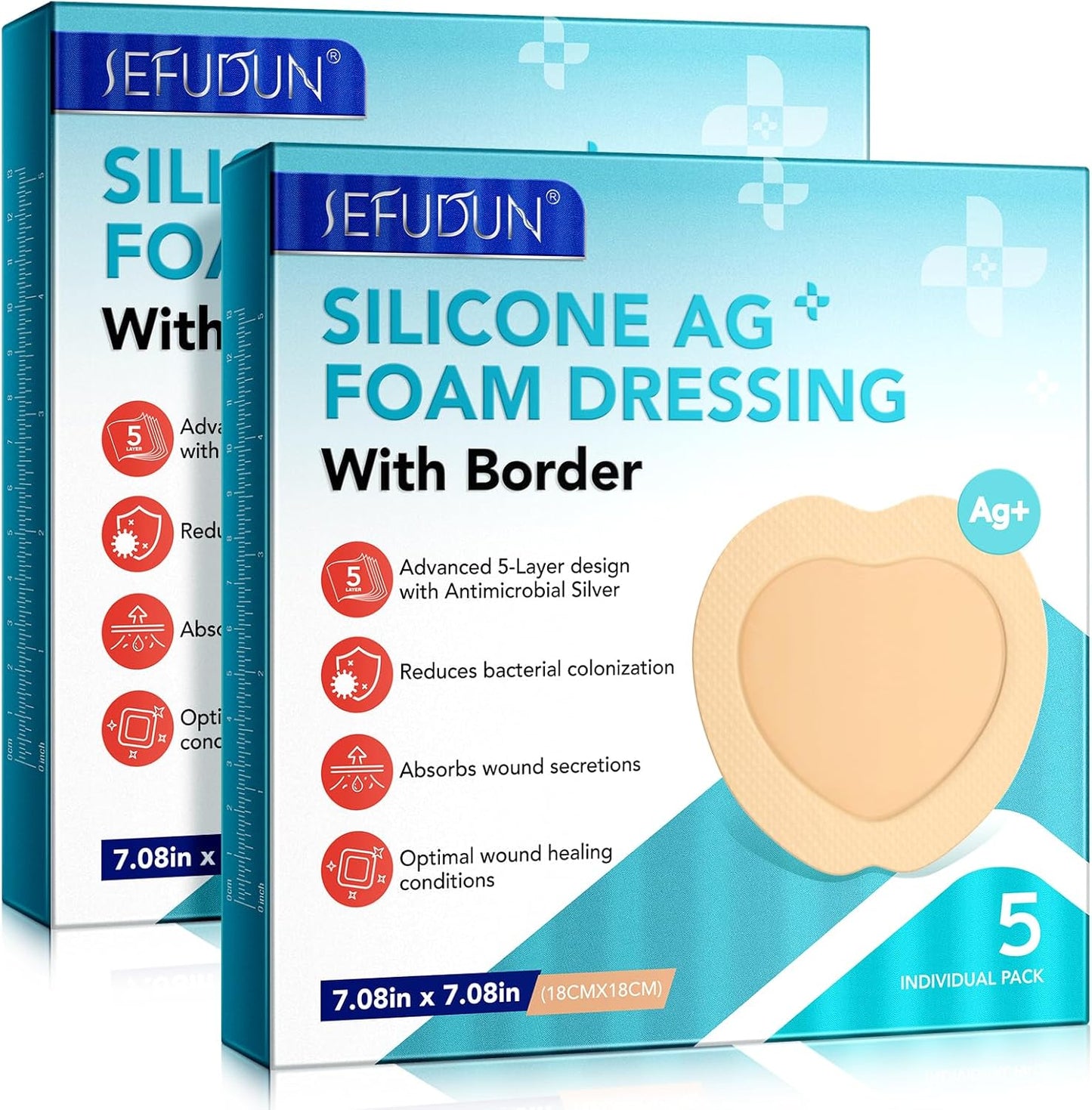 Silicone Foam Dressing Ag Sterile Wound Bandage with Waterproof Gentle Silicone Adhesive Border, 7"x7" Breathable Ultra Absorbent Pads (7.08x7.08 Inch (Pack of 10))